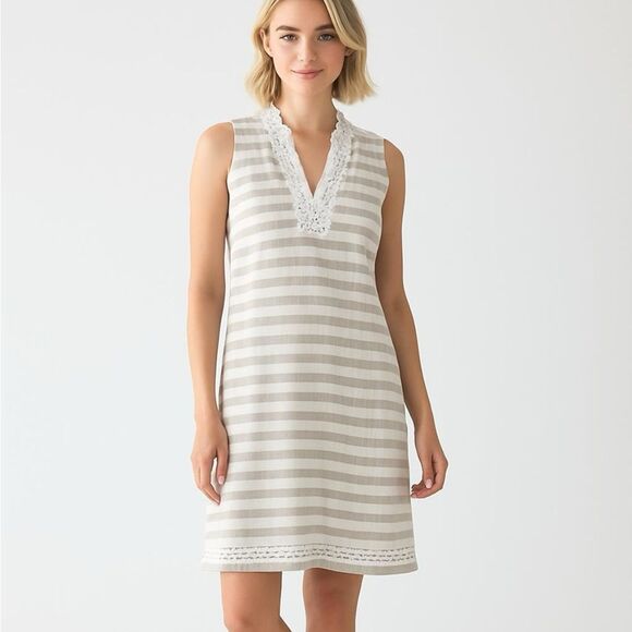 Eliza J Dresses & Skirts - Eliza J Tan Cream Striped Sleeveless Dress Lace/Eyelet Trim Linen & Cotton Blend